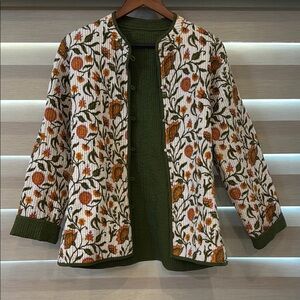 Reversible Quilted Floral Patterned Jacket - Green, Cream and Orange